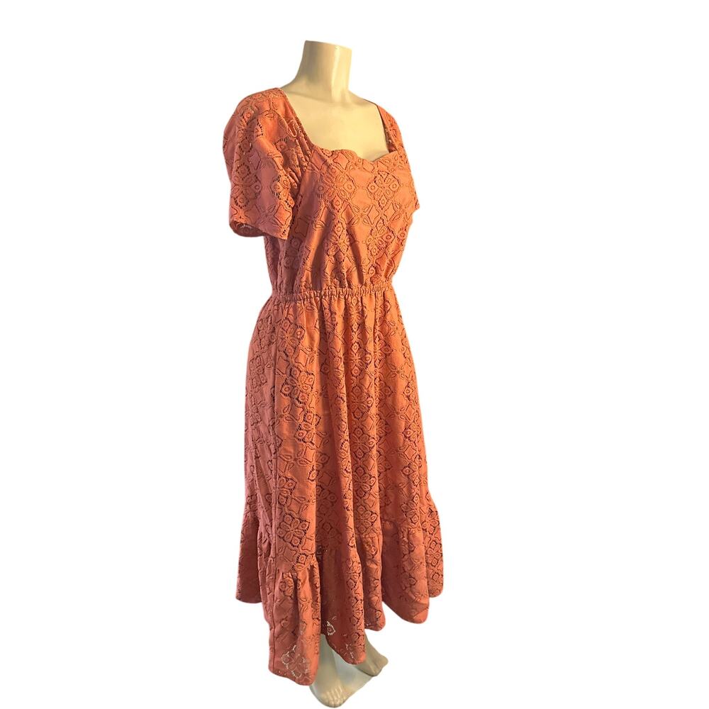 Women L Pamela Love Terracotta Lace Midi Dress Open Back Square Neck Cotton